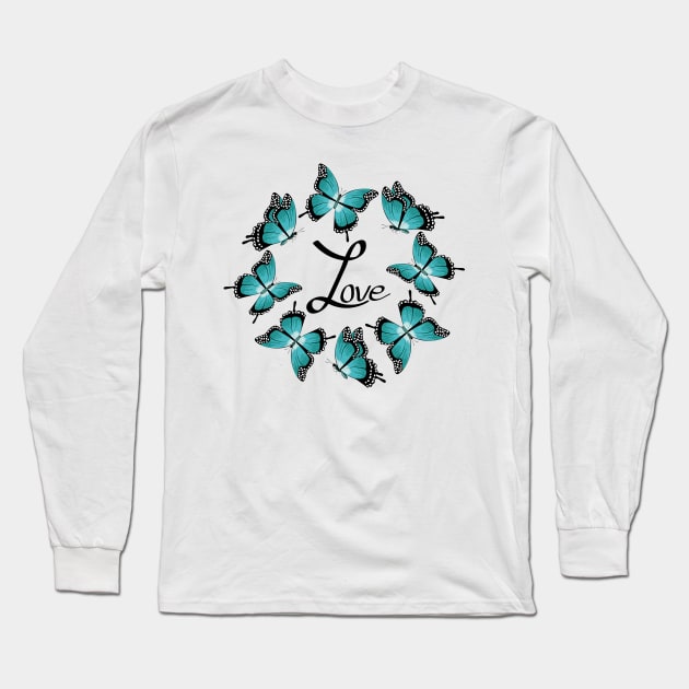 Love - Blue Butterflies Long Sleeve T-Shirt by Designoholic